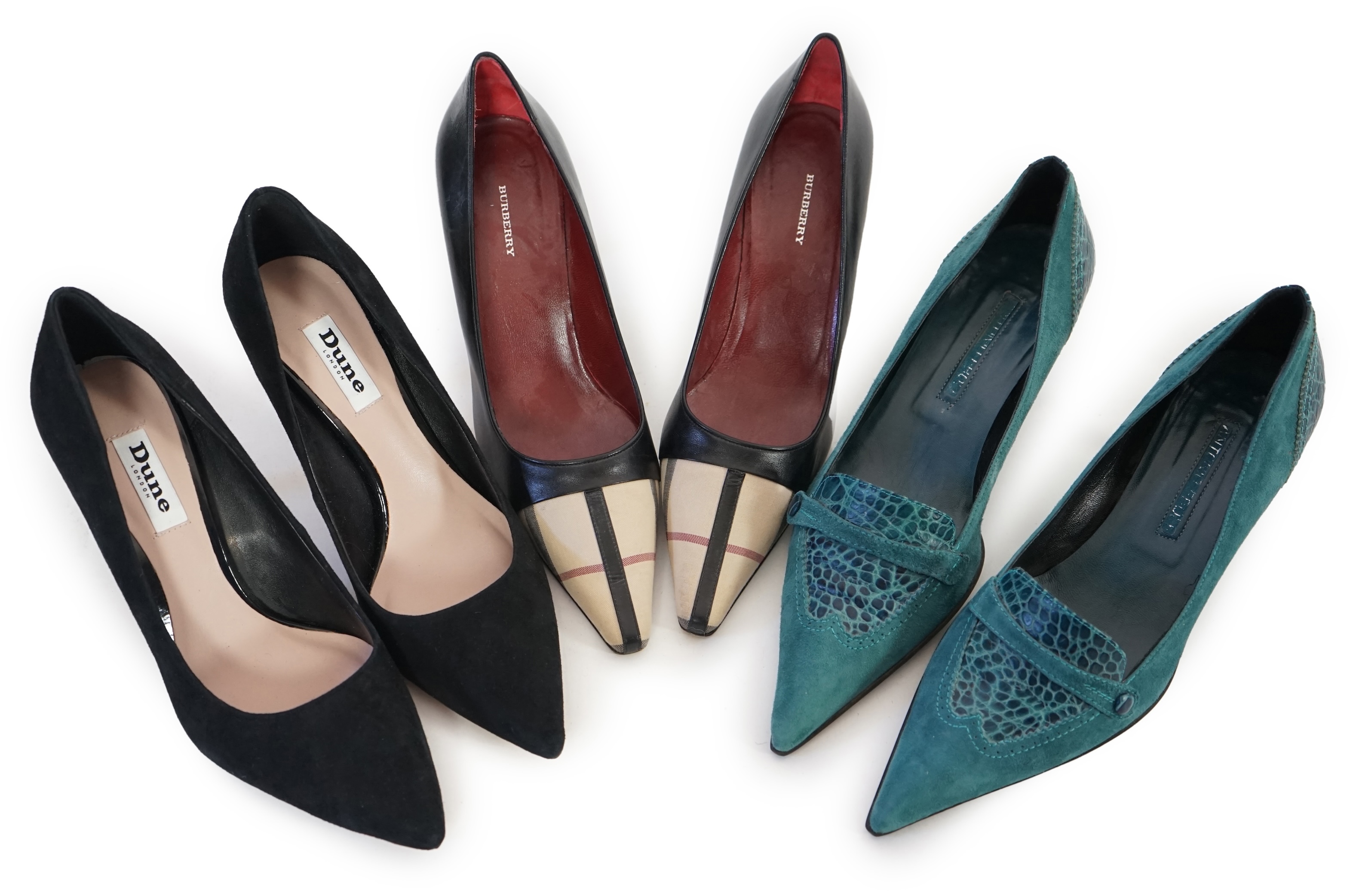 A pair of Burberry lady's black heeled pumps with tartan canvas toe detail, a pair of unworn Dune black suede heeled pumps, a pair of teal suede and mock croc leather detail kitten heeled pumps. Three pairs in total. Siz